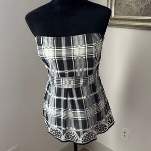 White House Black Market Black and White Plaid Strapless Blouse